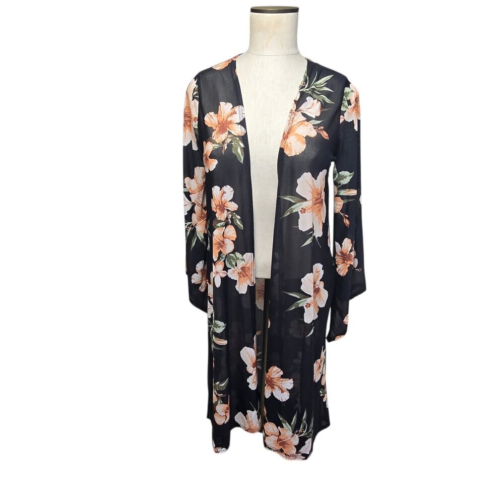 Siren Lily Sheer Kimono Duster Small Black Floral